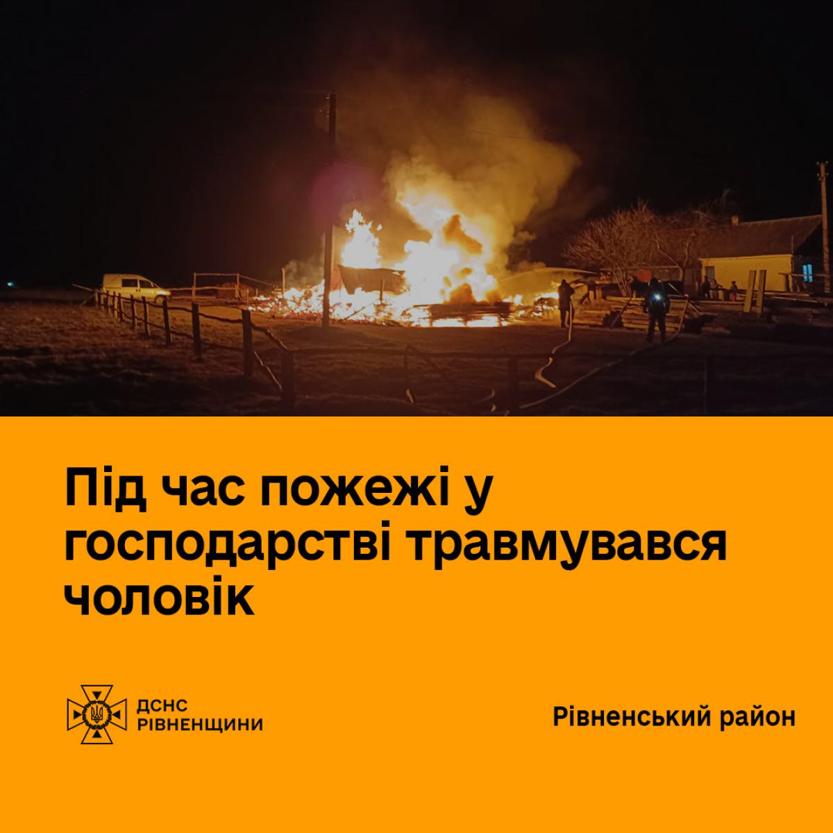 На Рівненщині під час пожежі у господарстві травмувався чоловік: у вогні загинули тварини